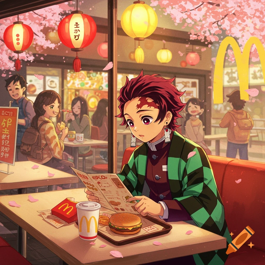 Anime character Tanjiro sits at a McDonald's table with a burger and drink, reading a menu, under cherry blossoms and lanterns.