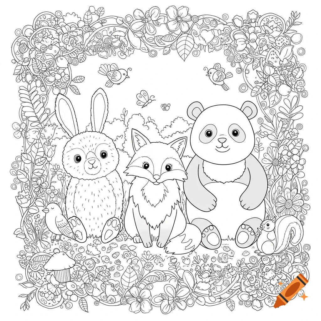 A black and white coloring page illustration featuring a cute bunny, fox, and panda surrounded by detailed forest foliage, flowers, birds, and a squirrel.