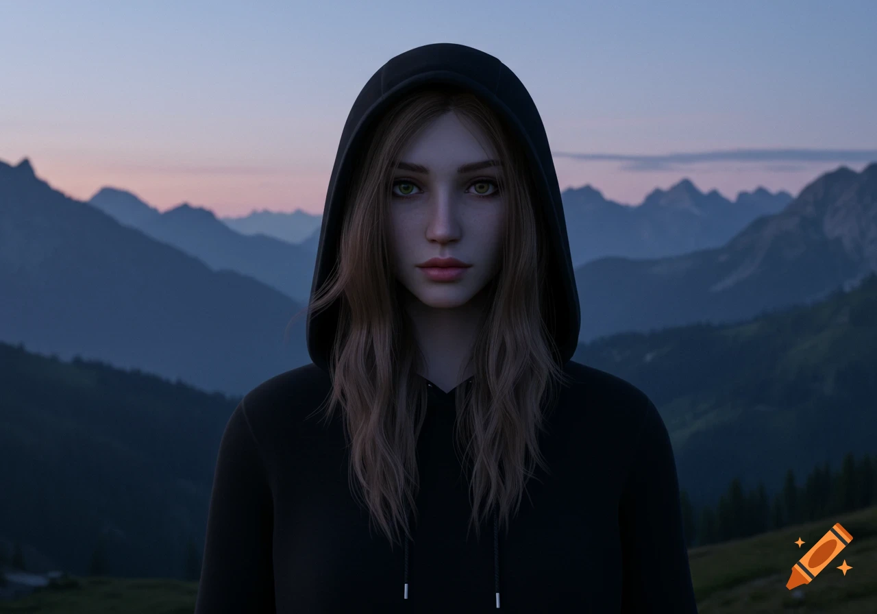A close-up portrait of a young woman in a black hoodie, with green eyes and long brown hair, set against a dark, misty mountain range at dusk. Photorealistic style.