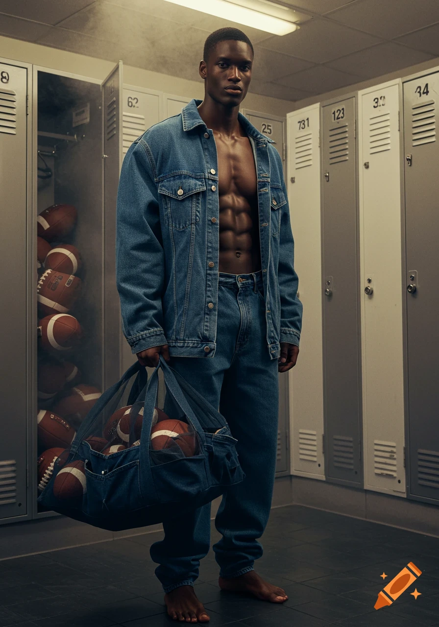 A muscular man in a denim jacket and jeans holds a bag of footballs in a moody locker room.
