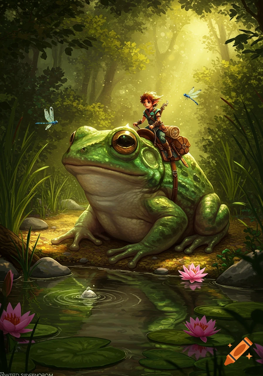 An elf-like character rides a giant green frog through a sunlit fantasy forest with a pond and pink water lilies.