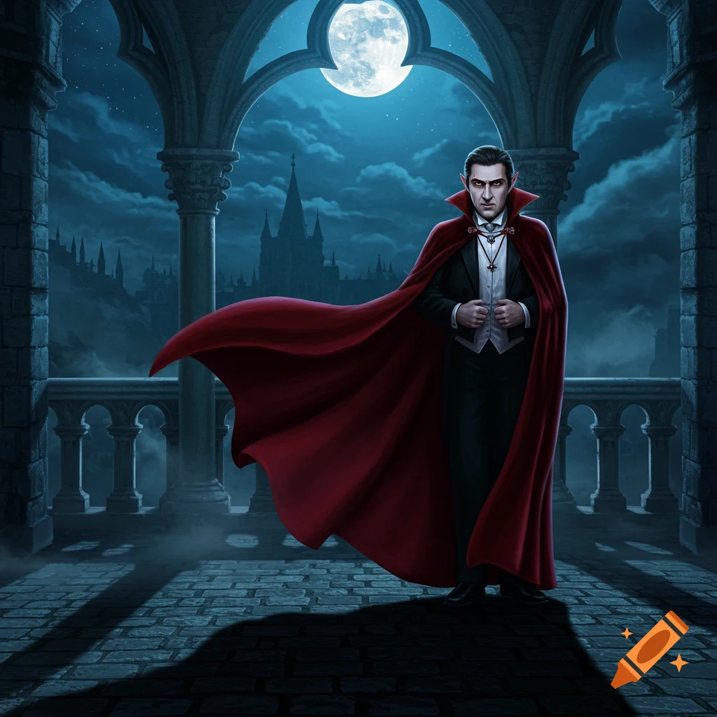 Count Dracula in a black suit and flowing red cape stands on a Gothic balcony at night with a full moon and castle in the background.