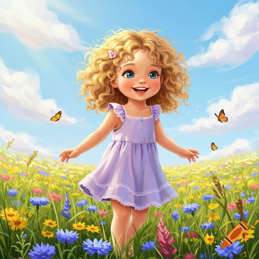 Smiling cartoon girl with curly blonde hair in a purple dress standing in a vibrant field of wildflowers with butterflies under a blue sky.