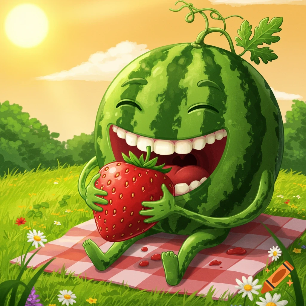 A happy cartoon watermelon sits on a picnic blanket, about to eat a large strawberry, in a sunny field.