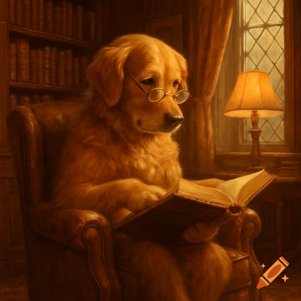 A golden retriever wearing spectacles sits in a leather armchair, reading a book in a cozy, dimly lit library.