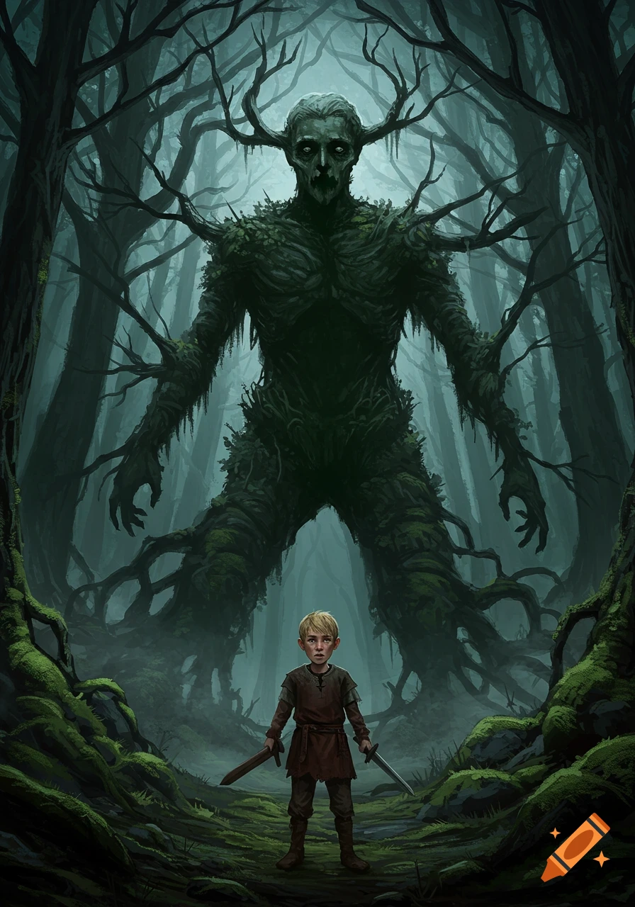 A young boy with two swords stands in a dark, mossy forest, facing a towering, menacing treeman. Detailed digital painting.