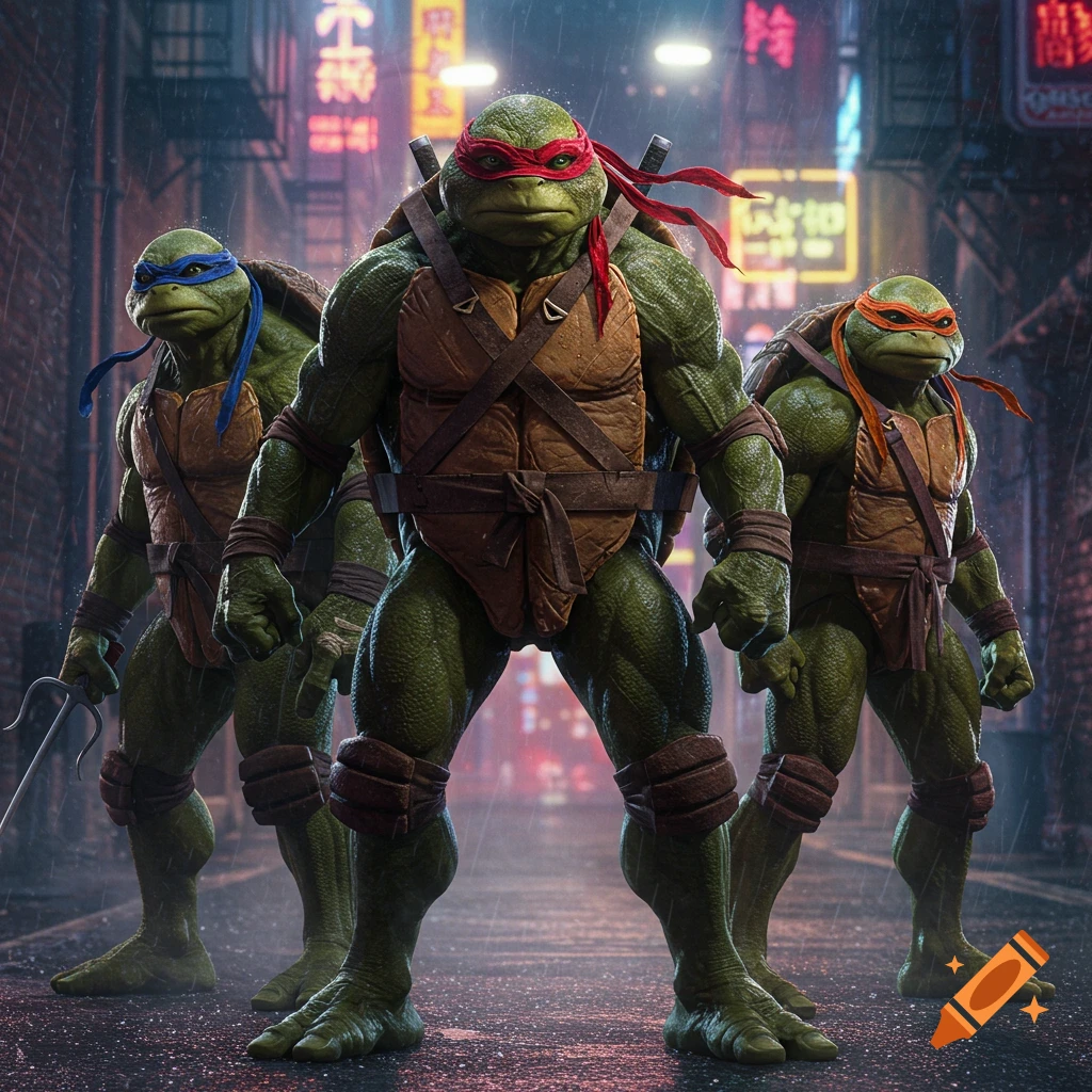 Realistic Teenage Mutant Ninja Turtles, Raphael, Leonardo, and Michelangelo, stand in a rainy, neon-lit city alley.