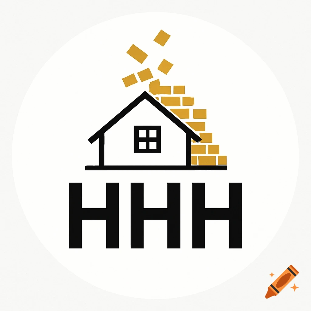 Minimalist logo featuring a black outline house with gold bricks falling from its roof, above the letters HHH on a white background.
