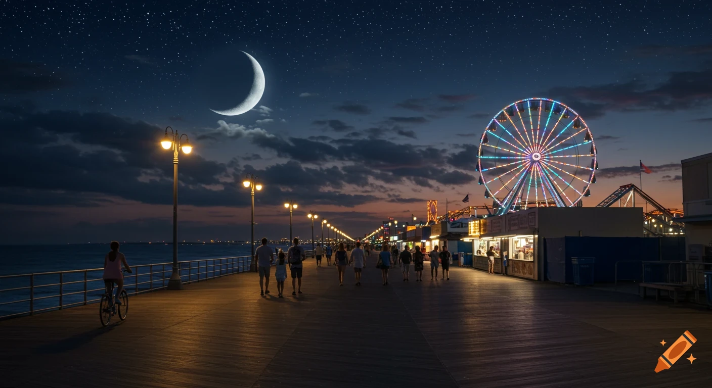 A long shot of a bustling boardwalk at night, with a Ferris wheel and amusement park in the distance under a crescent moon and starry sky.