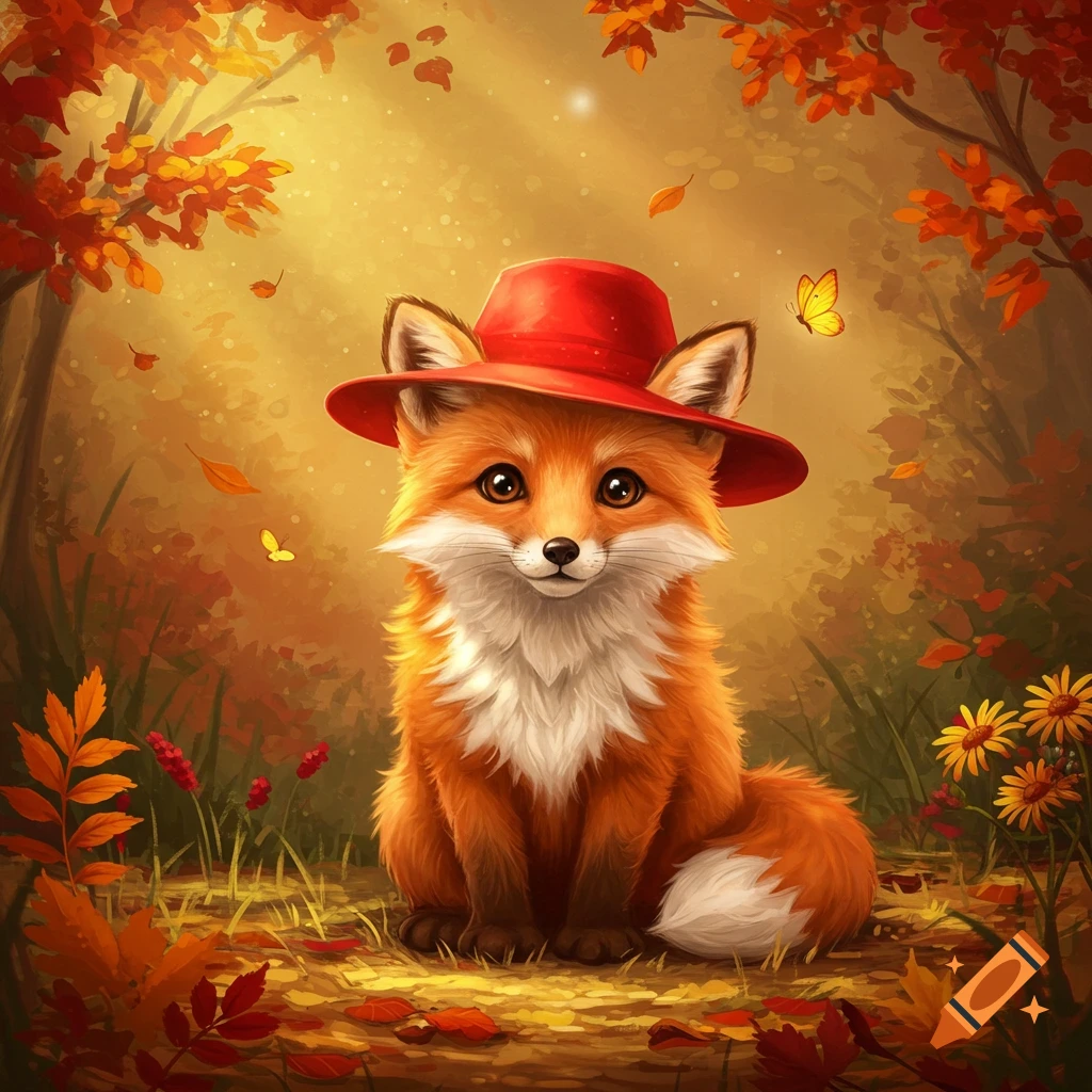 A cute orange fox wearing a red hat sits in an autumn forest with falling leaves and glowing sunlight.
