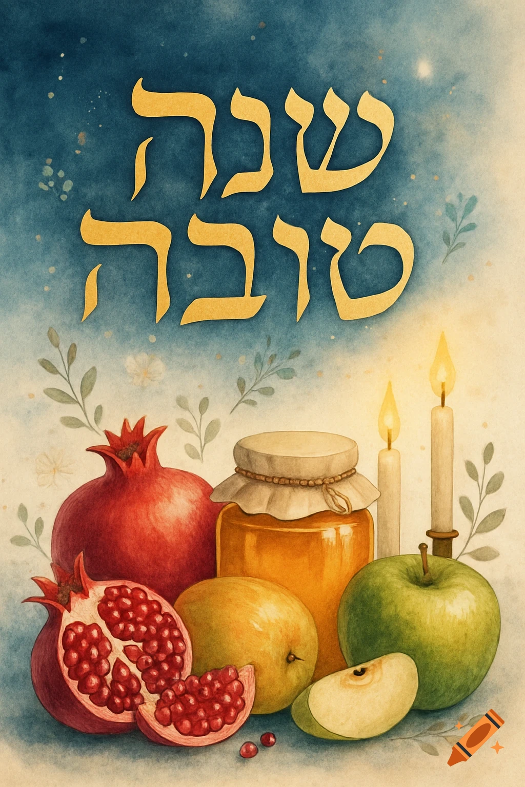 Watercolor illustration of Rosh Hashanah symbols: 'Shana Tova' in Hebrew, pomegranates, apples, honey, and candles.