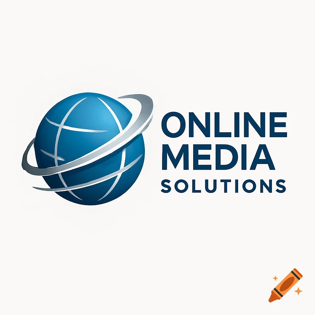 A logo featuring a blue globe with silver orbiting rings, and the words ONLINE MEDIA SOLUTIONS.