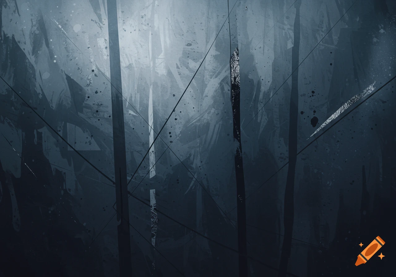 Abstract artwork with dark blue-gray tones, prominent vertical and diagonal lines, and speckled textures, creating a moody atmosphere.