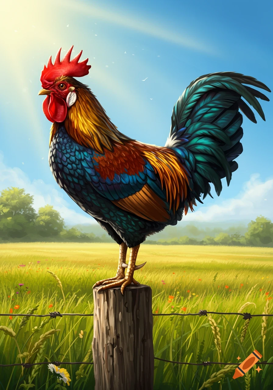 A colorful, stylized rooster stands proudly on a fence post in a vibrant green field under a sunny blue sky.