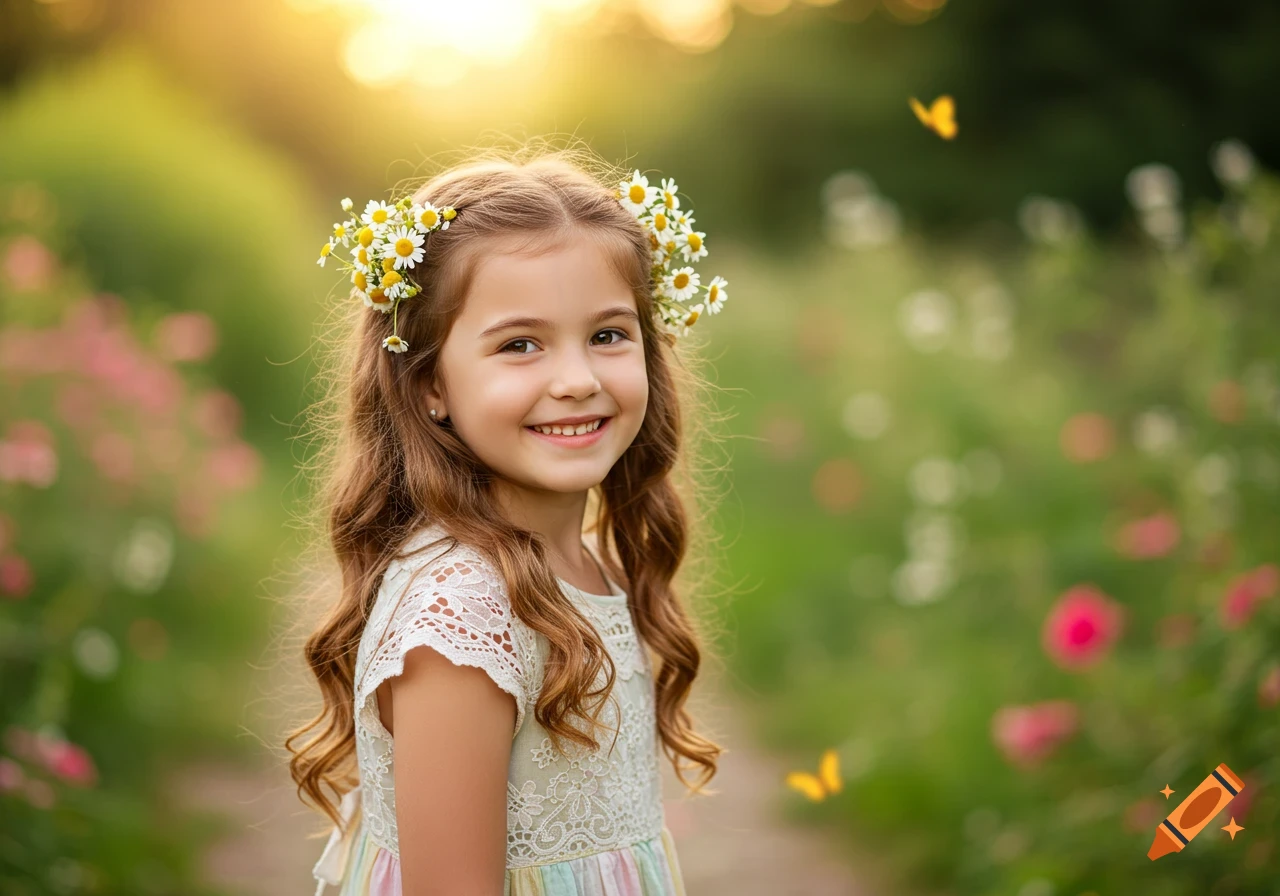 Smiling young girl with long brown hair wearing a daisy flower crown in a sunlit garden, looking at the camera.