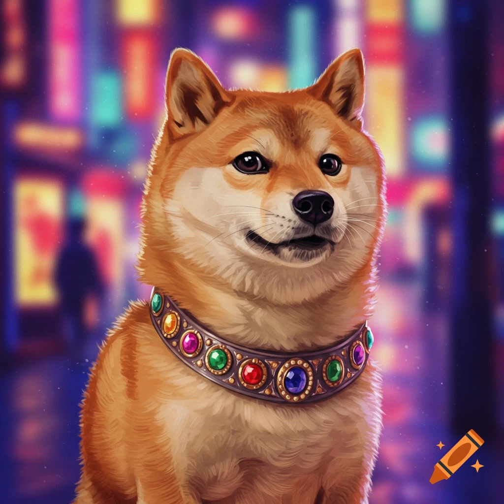 A smiling Shiba Inu dog with a jeweled collar, set against a blurred neon cityscape at night in a digital art style.