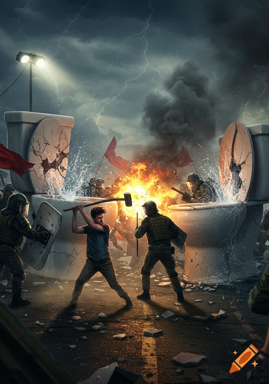 Dramatic photorealistic battle scene with protestors and soldiers fighting giant, broken toilets amidst fire, water, and a stormy sky.