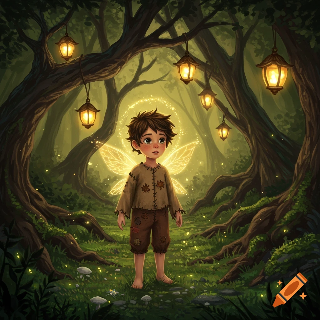 A small boy with glowing fairy wings and ragged clothes stands in a magical forest with glowing lanterns and sparkling dust.