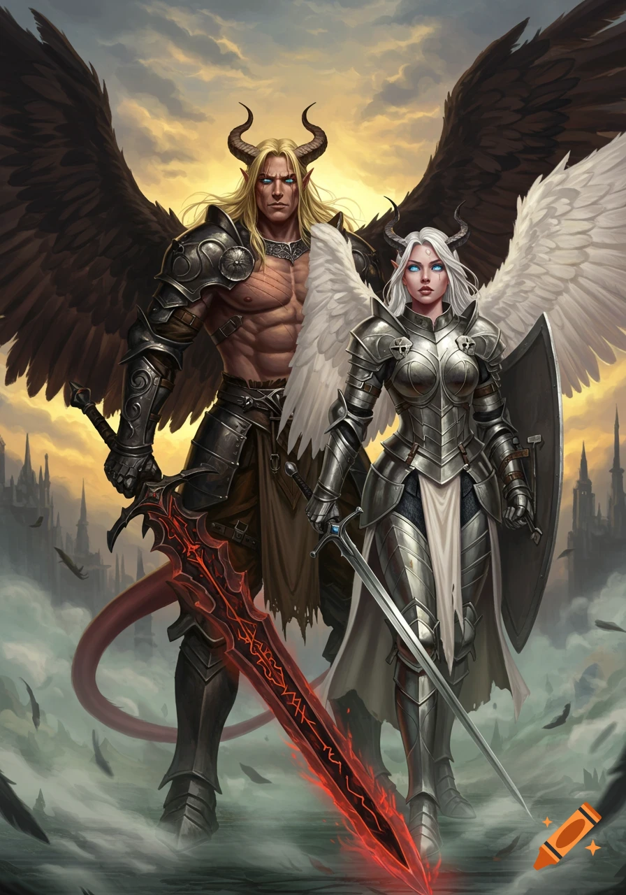 A muscular horned male with black wings and a female with white wings, both in armor, stand with swords in a fantasy kingdom at dawn.