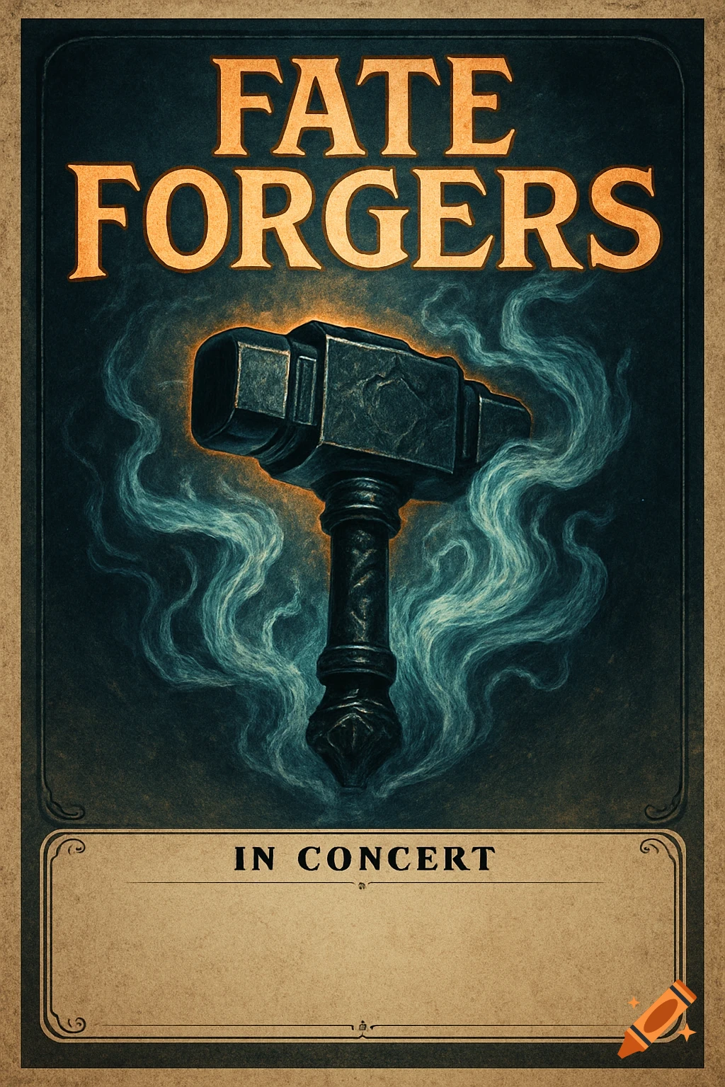 A vintage-style concert poster for Fate Forgers with a glowing hammer amidst smoke and 'IN CONCERT' text.