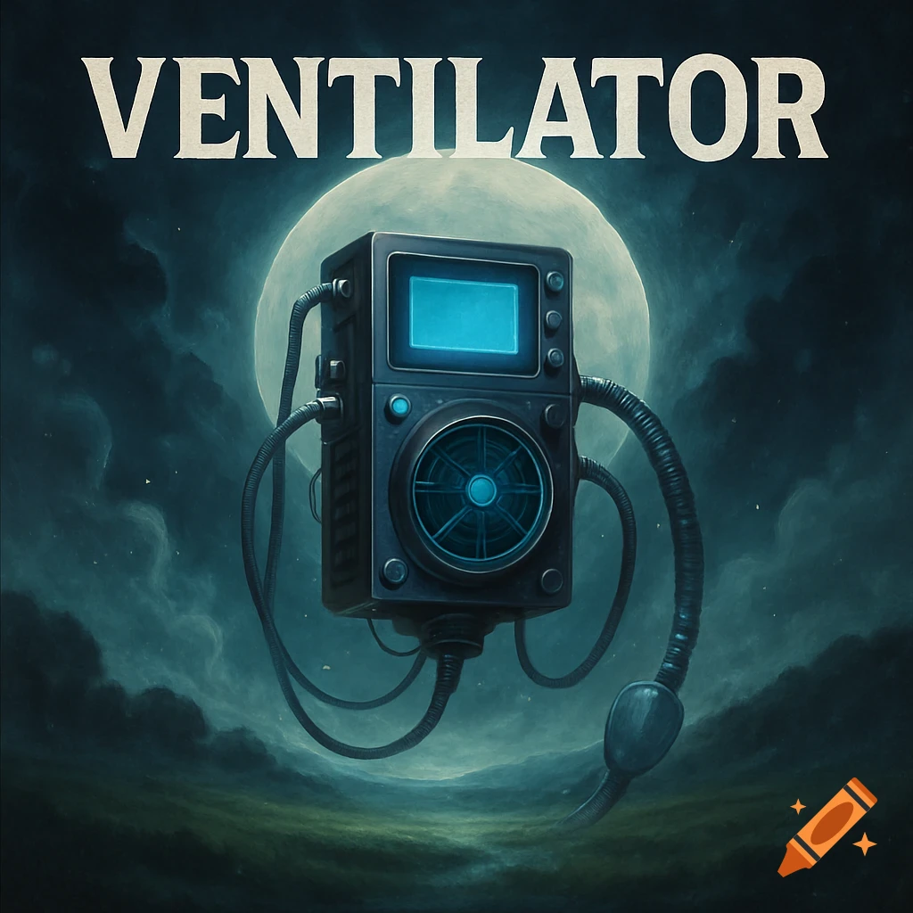 A dark, ominous mechanical ventilator device with tubes against a full moon in a cloudy night sky. The word "VENTILATOR" is at the top.