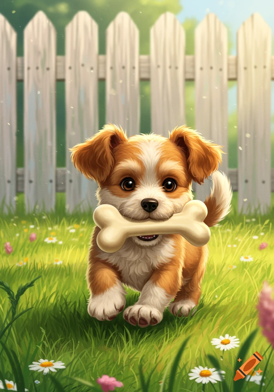 A cute brown and white cartoon puppy holds a large bone in its mouth, standing on green grass with flowers in front of a white picket fence.