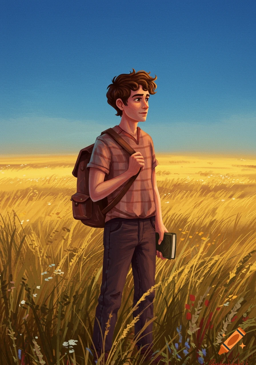 An illustration of a young man with a backpack and a book, standing in a golden field under a blue sky, looking off to the side.
