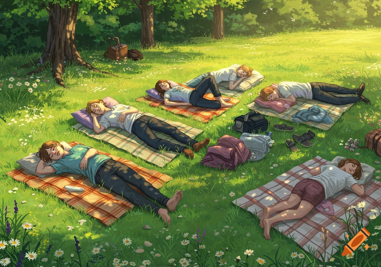 Illustration of six young people sleeping on picnic blankets in a sunny, grassy park with trees and wildflowers.