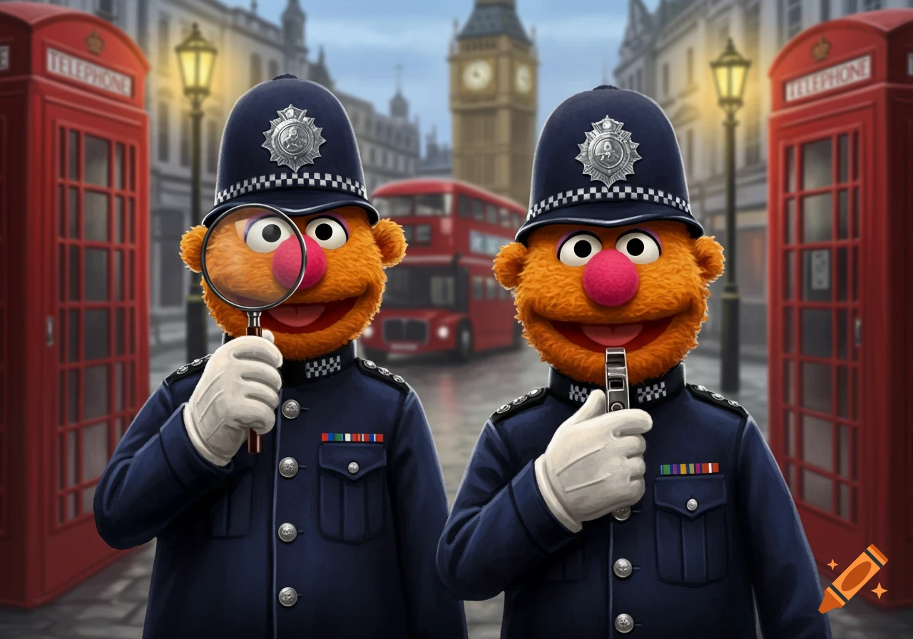 Two fuzzy orange Muppet-like police officers, one with a magnifying glass, the other with a whistle, in a cartoon London street.
