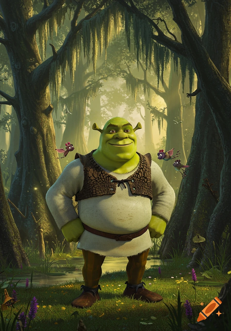 Shrek stands confidently in a lush, green swamp with flying creatures, rendered in a detailed CGI animation style.