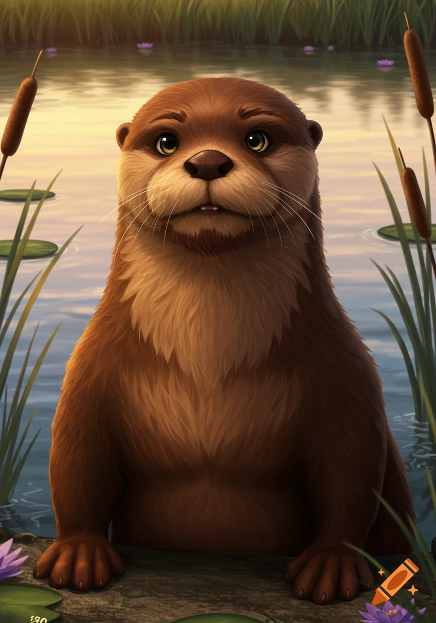 An illustrated brown otter with tan chest fur sits in a pond surrounded by reeds and lily pads.