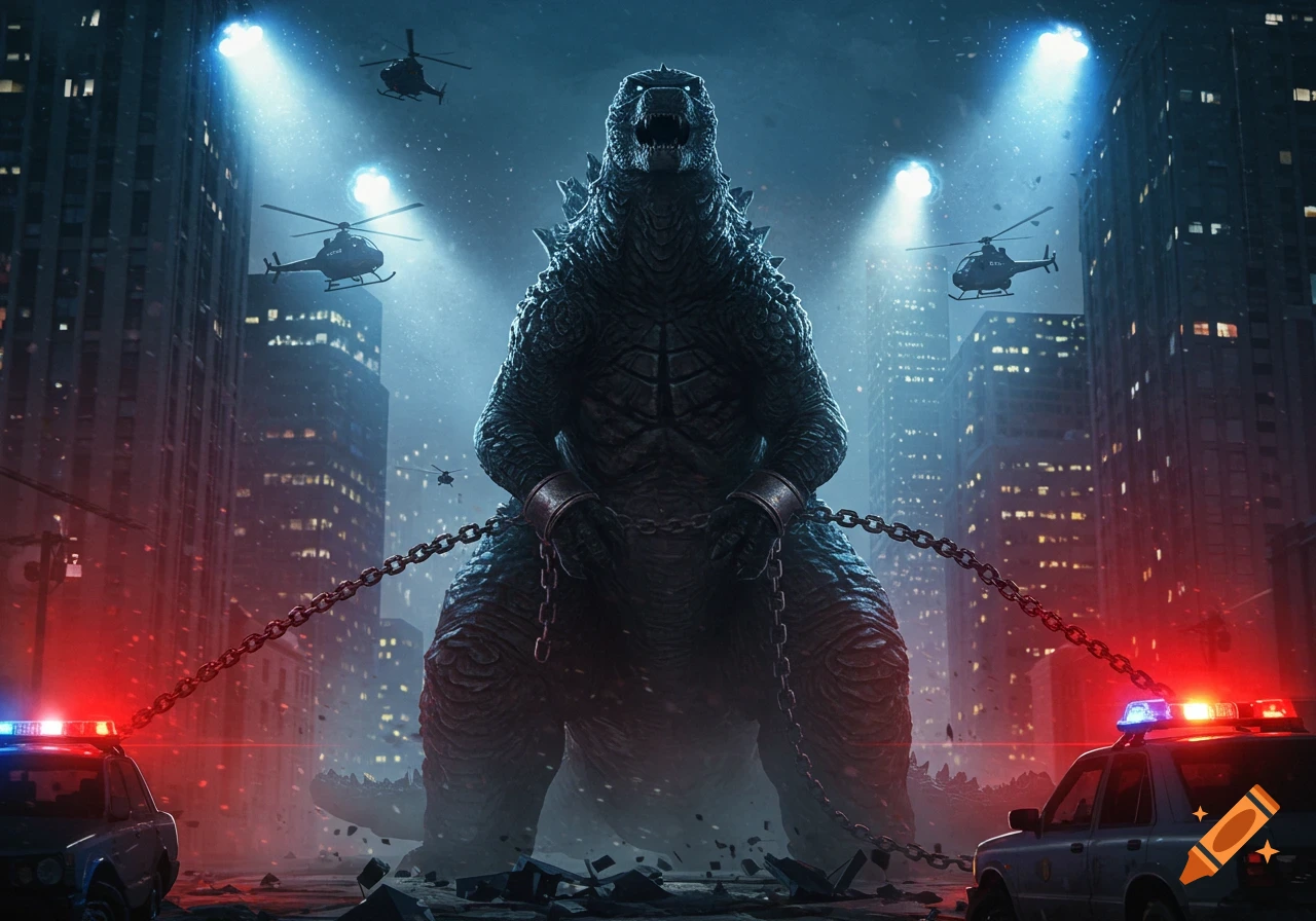 Godzilla, chained and surrounded by police cars and helicopters, stands defiantly in a destroyed city at night.