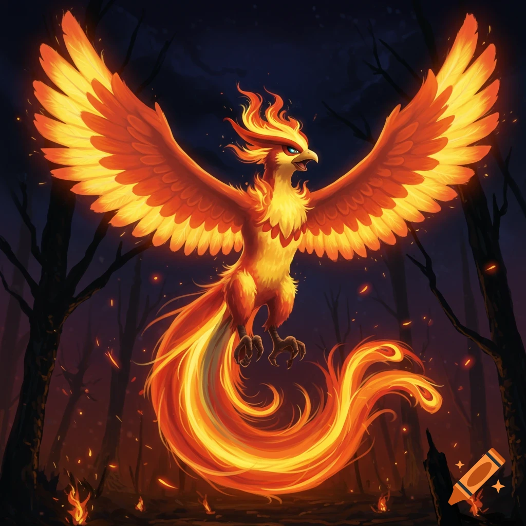 A majestic, fiery phoenix with large orange and yellow wings spreading, standing in a dark, burning forest with embers.