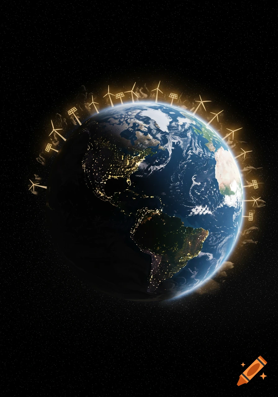 Digital illustration of Earth with city lights visible, surrounded by glowing wind turbines and solar panels against a starry black sky.