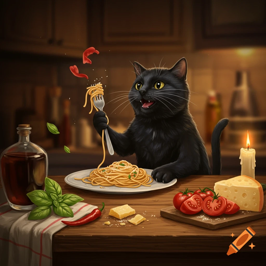 A cartoon black cat sits at a rustic table, eagerly eating spaghetti with a fork, surrounded by fresh ingredients.