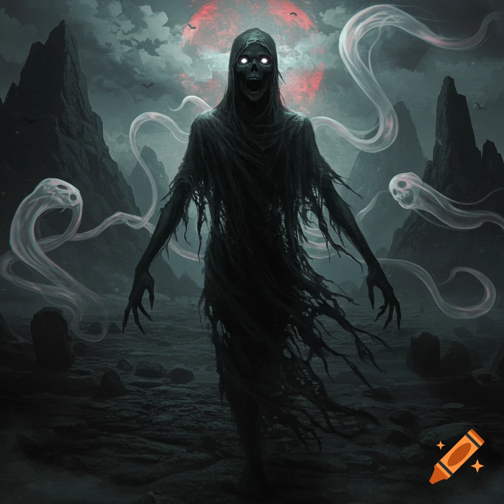 A horrifying skeletal ghost in torn black robes with glowing eyes stands under a blood-red moon in a dark, rocky landscape with small ethereal spirits.