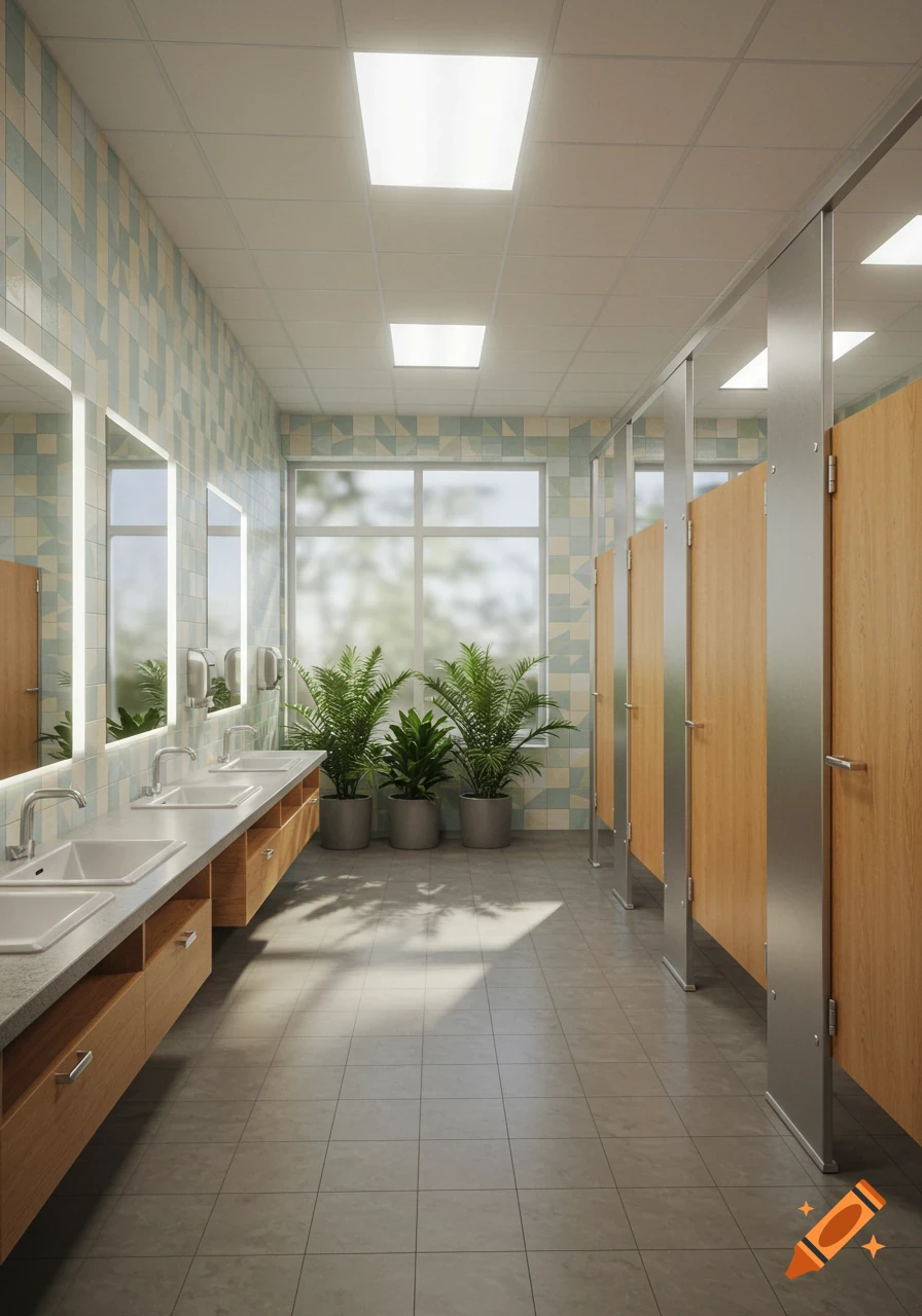 A clean, modern public restroom with multiple sinks, mirrors, toilet stalls, and potted plants near a window.