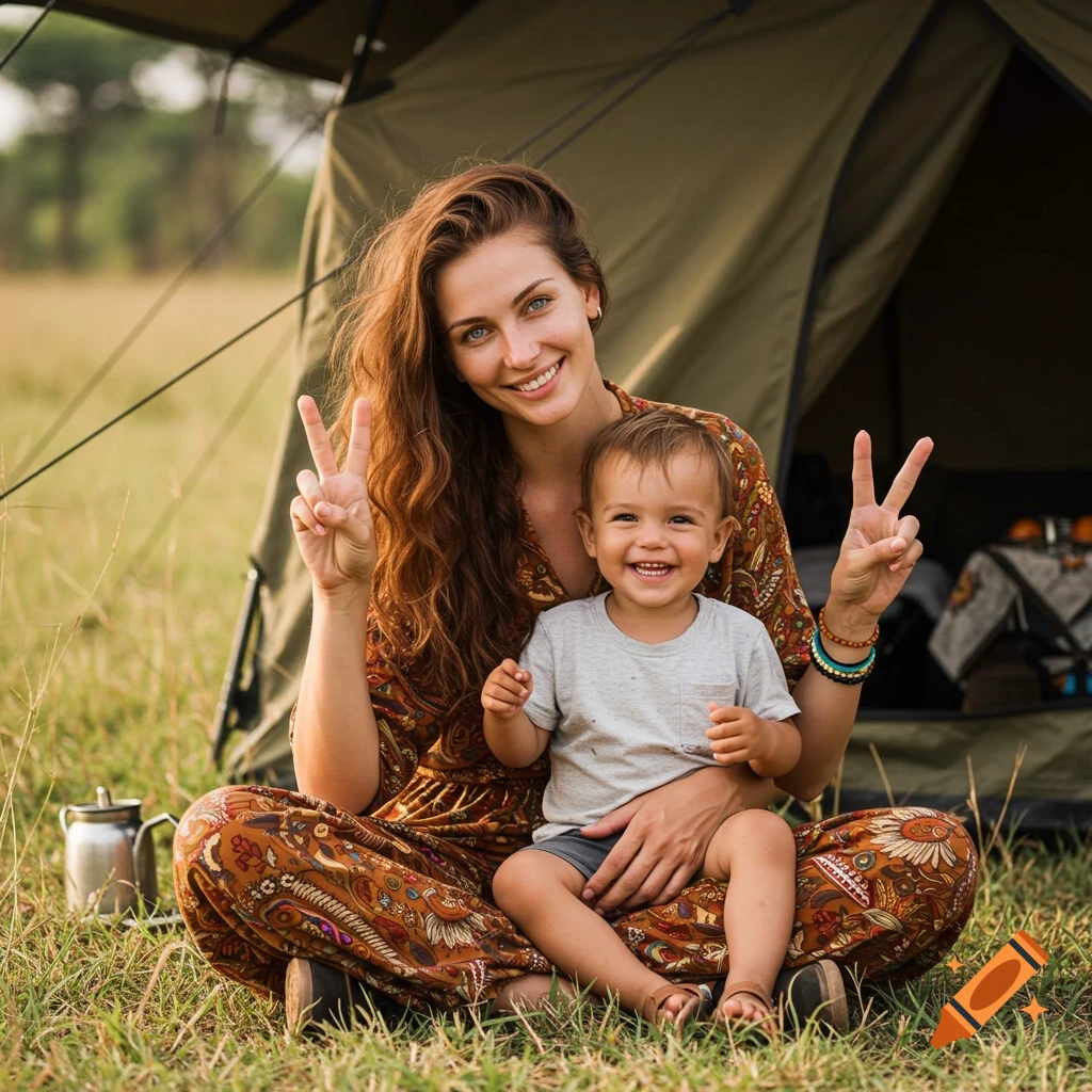 A smiling woman and a young child sit in front of a tent in a grassy field, both making peace signs.