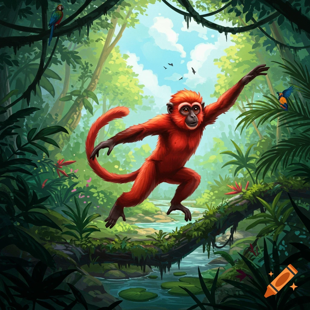 Vibrant illustration of a red monkey leaping from a log in a lush green jungle with a stream, trees, and birds.