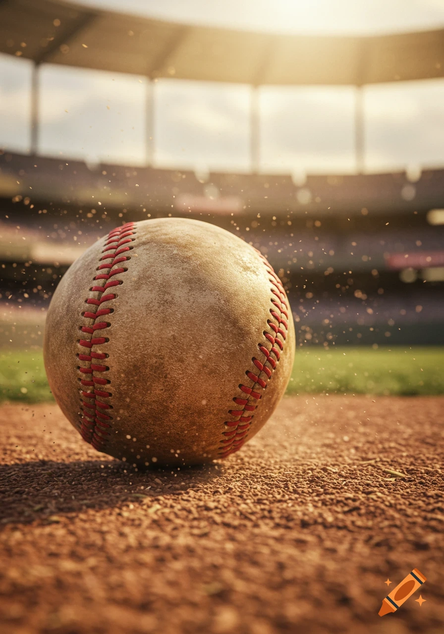 A close-up, low-angle shot of a dirty baseball on a dirt field with a stadium and bright sky in the background.