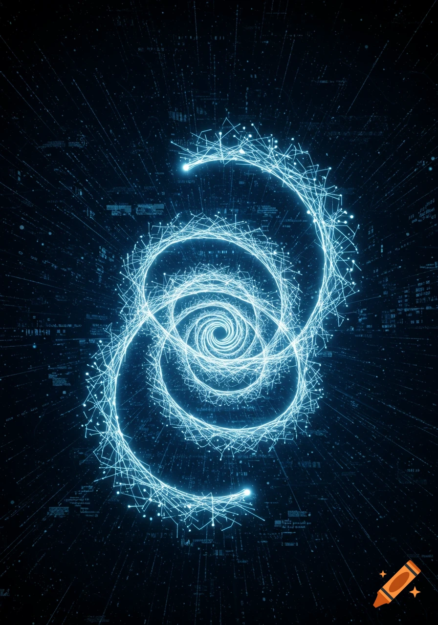 Abstract digital art with glowing blue spirals of interconnected lines and dots against a dark background with data streams.
