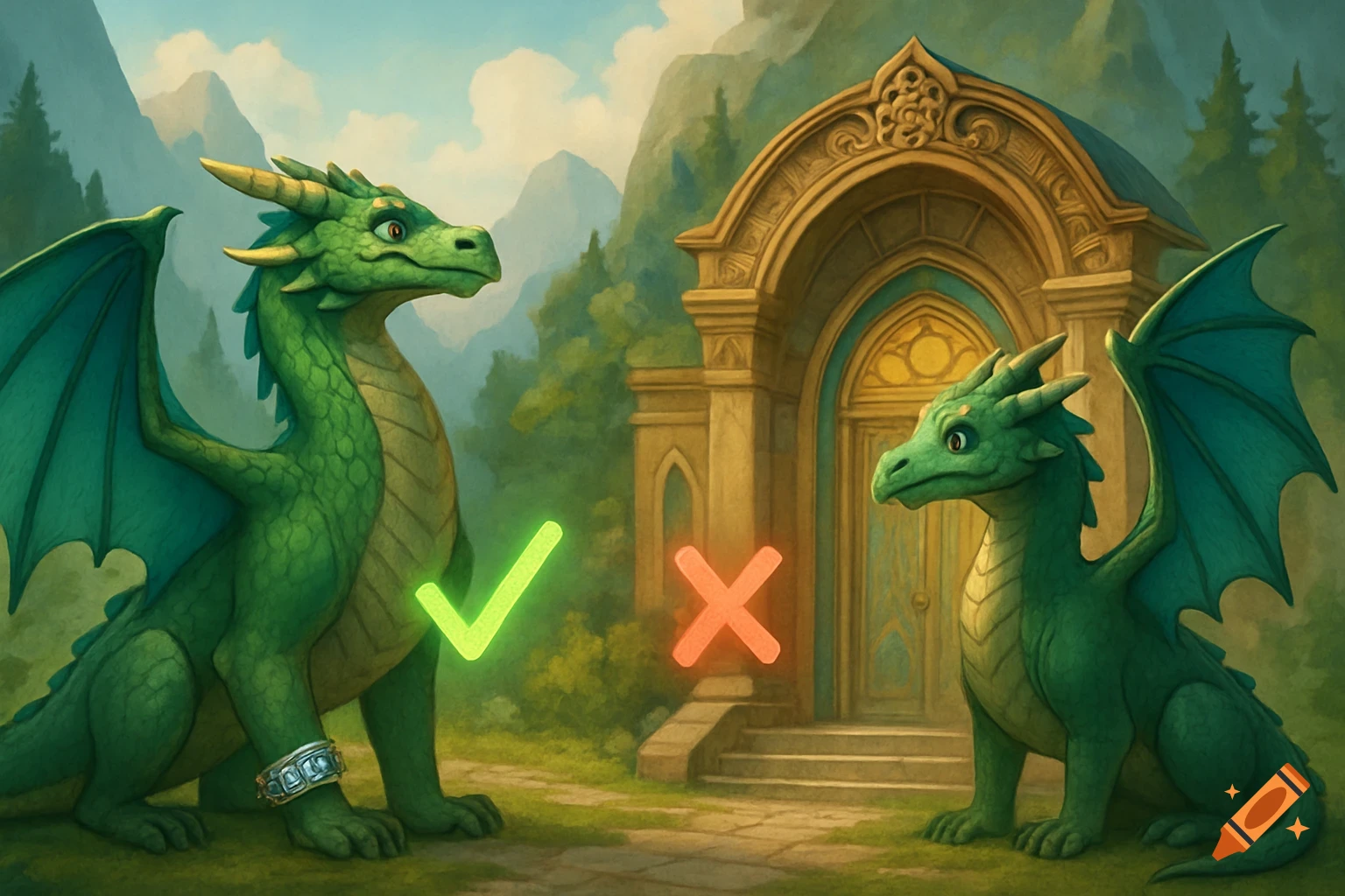 Two green cartoon dragons in a fantasy landscape. Left dragon with bracelet has a green checkmark; right dragon without has a red X.