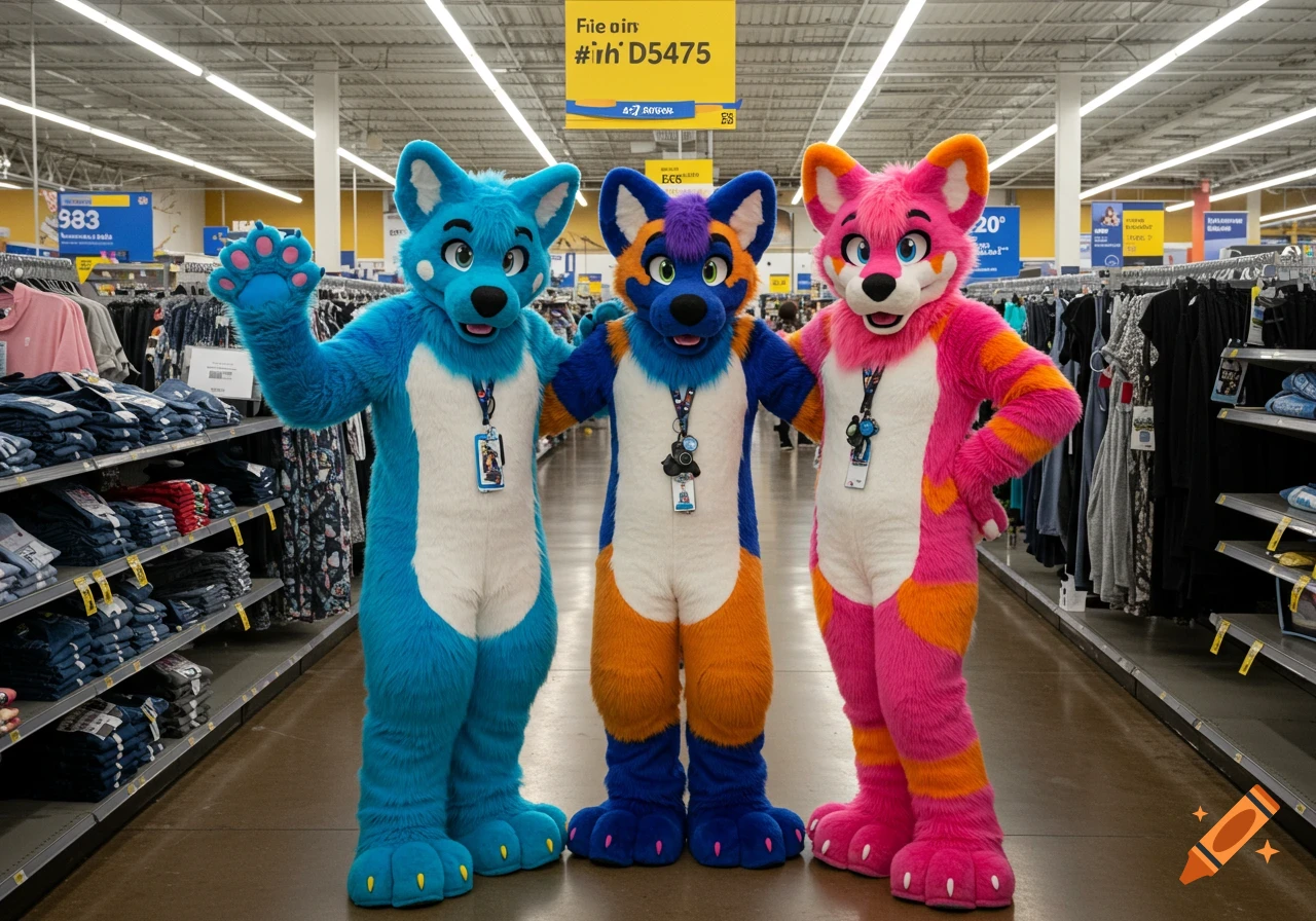 Three colorful fursuiters (blue, blue/orange, pink/orange) pose side-by-side in a retail store's clothing aisle. The blue one waves.