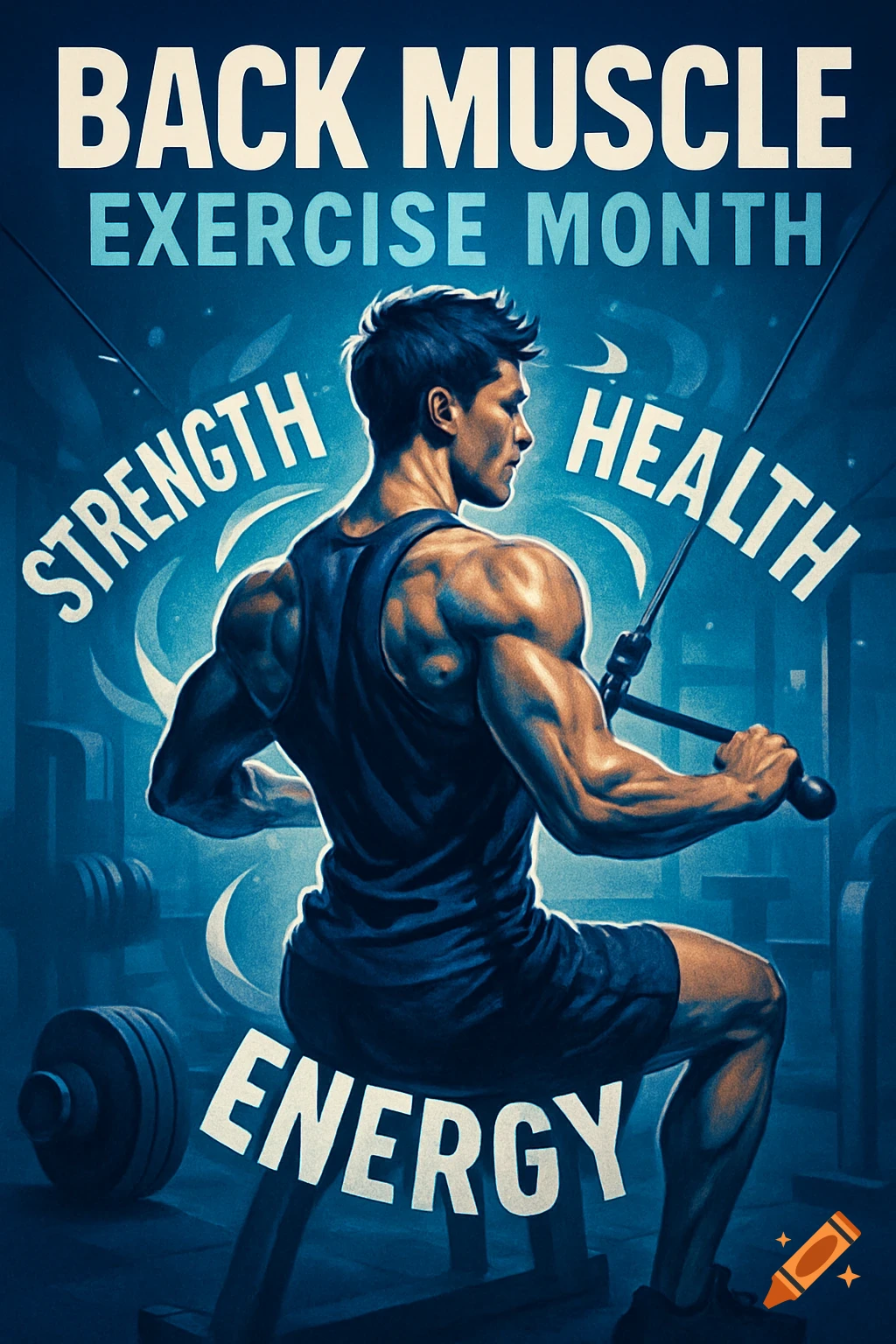 Stylized fitness poster: muscular man exercising at a gym, with text 'BACK MUSCLE EXERCISE MONTH', 'STRENGTH', 'HEALTH', 'ENERGY'.