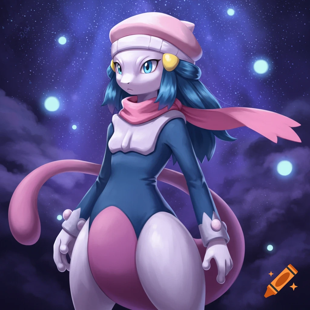 Mewtwo cosplaying as Dawn stands under a starry night sky with glowing orbs, depicted in an anime illustration style.