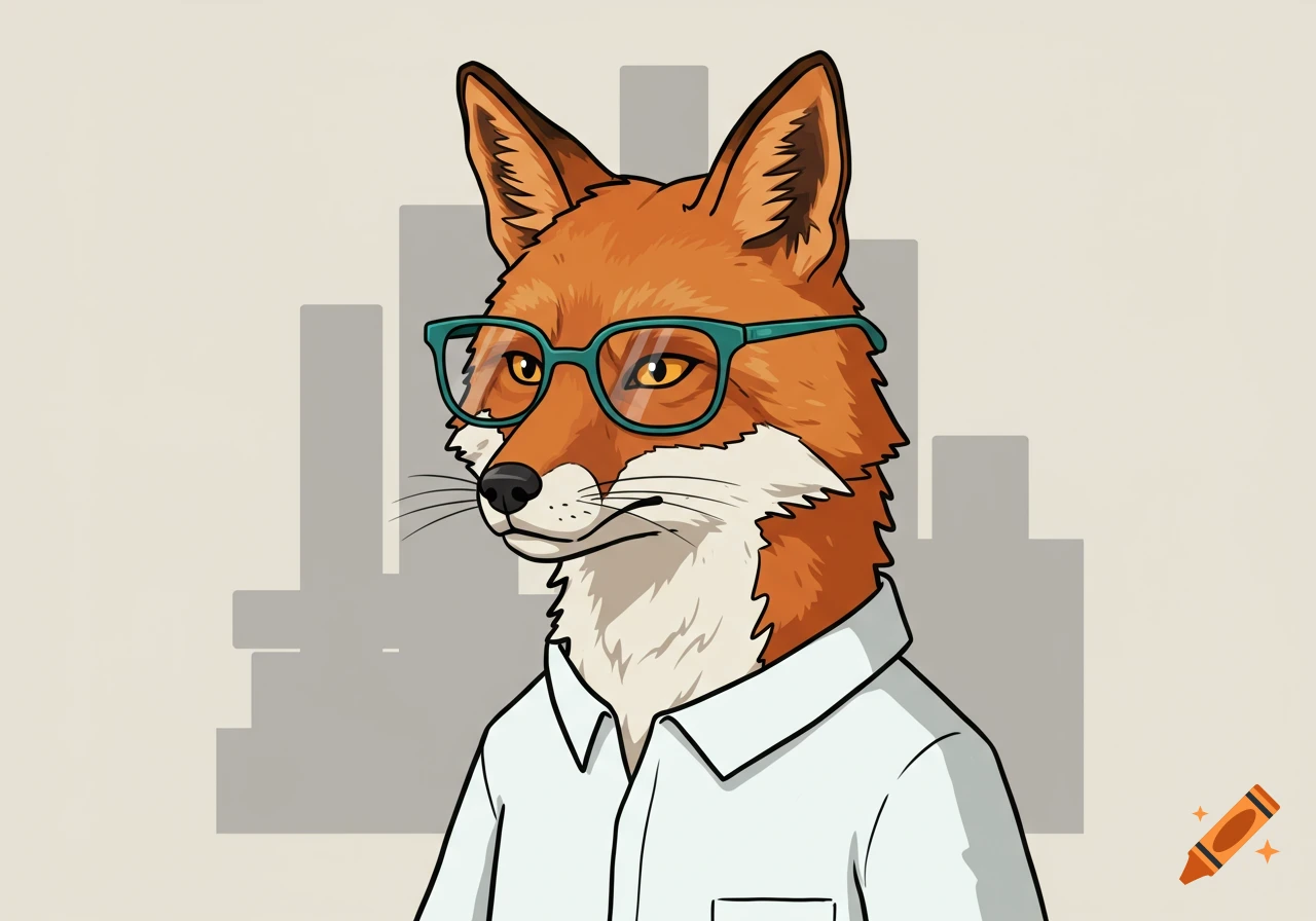 A cartoon anthropomorphic fox wearing teal glasses and a white collared shirt, with a subtle city skyline silhouette in the background.