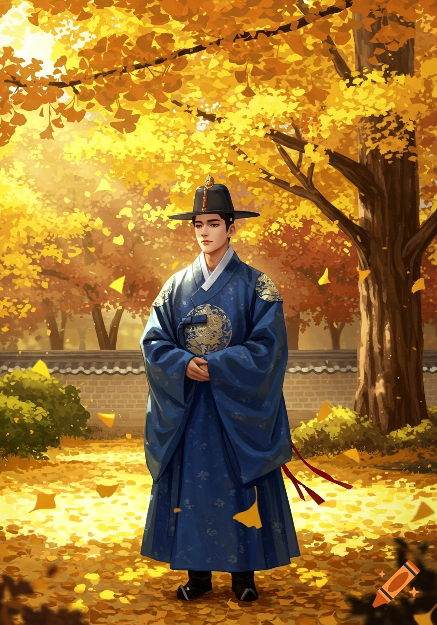 Illustrated man in a blue hanbok standing under bright yellow ginkgo trees in autumn, with golden leaves covering the ground.