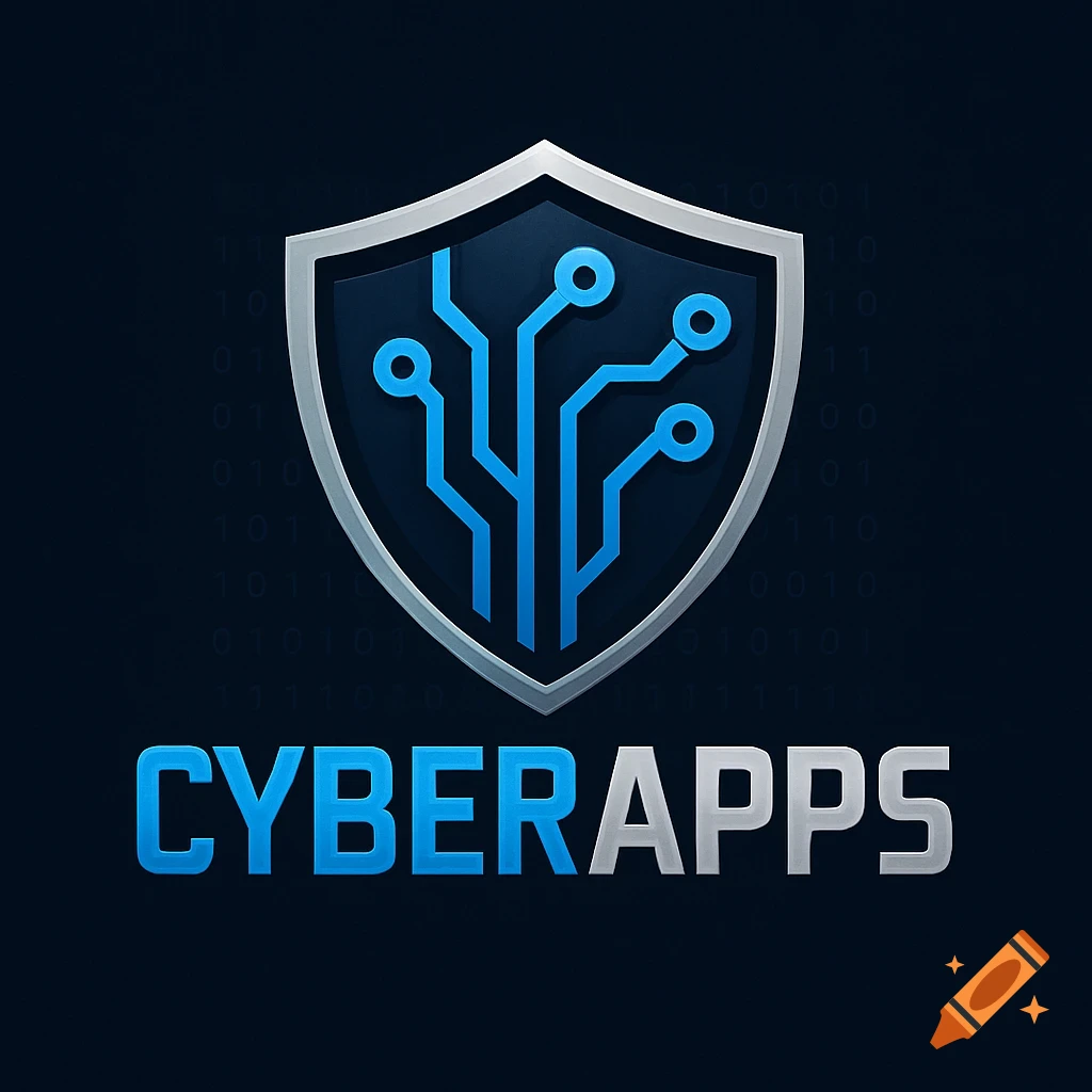 Cybersecurity logo with a blue circuit board design inside a silver shield, and 'CYBERAPPS' text below.