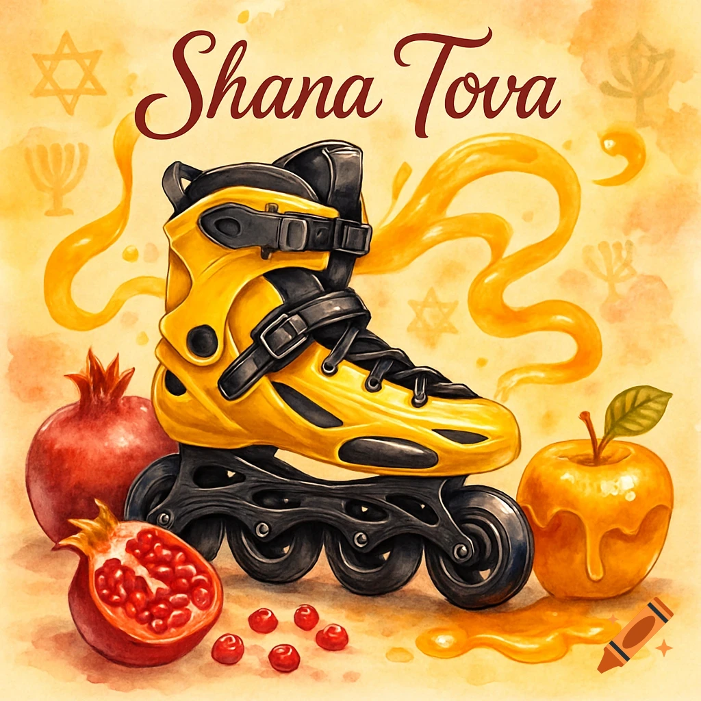 Watercolor Rosh Hashanah image with 'Shana Tova' text, a yellow inline roller skate, pomegranates, and a honey-drizzled apple.