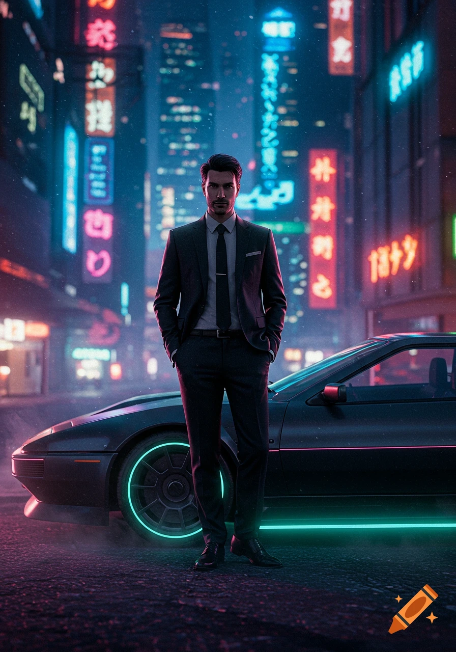 A man in a dark suit stands beside a sleek black car on a neon-lit cyberpunk city street at night.